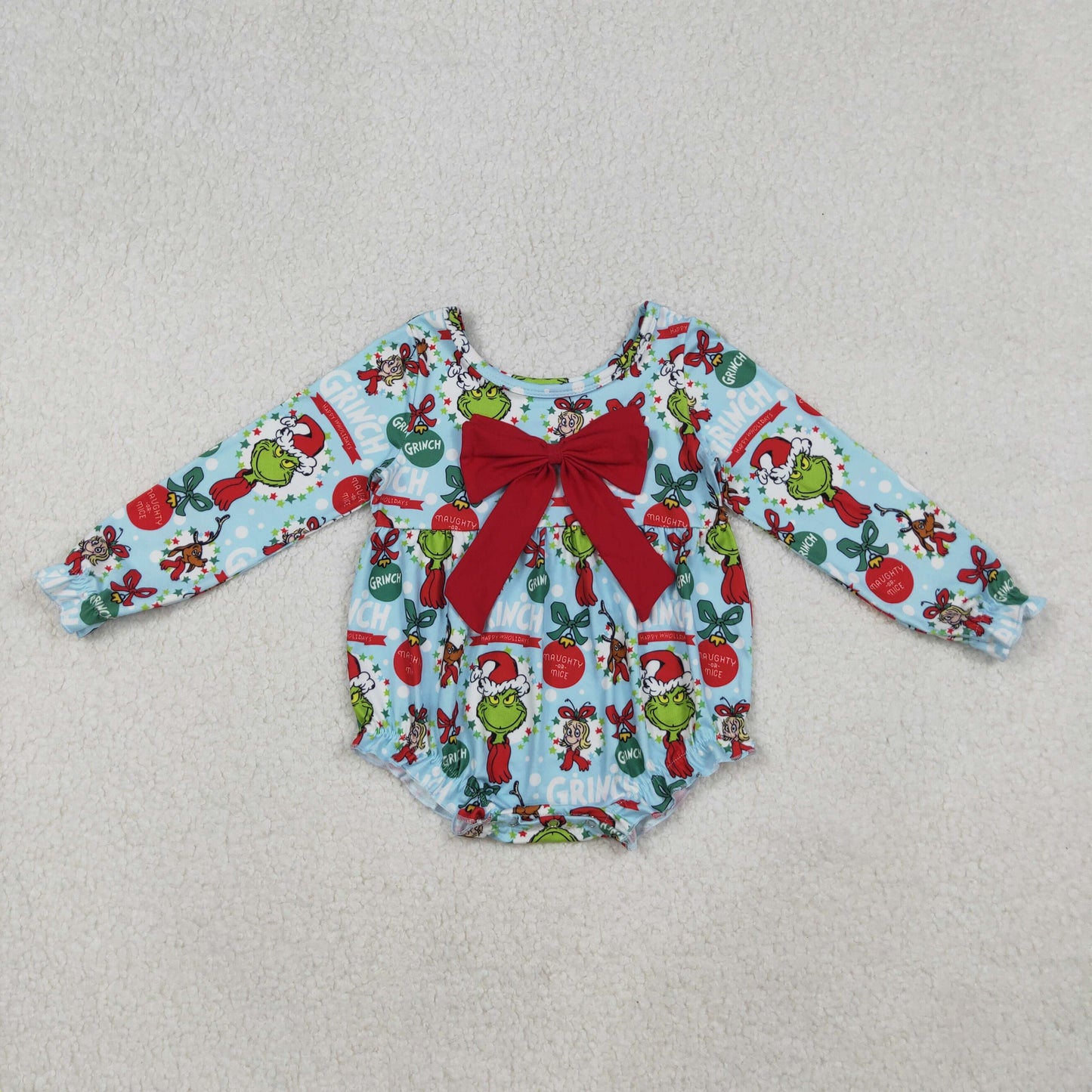 Christmas long sleeve gri*ch cindy bow baby girl romper