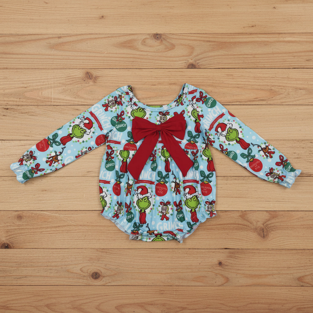 Christmas long sleeve gri*ch cindy bow baby girl romper
