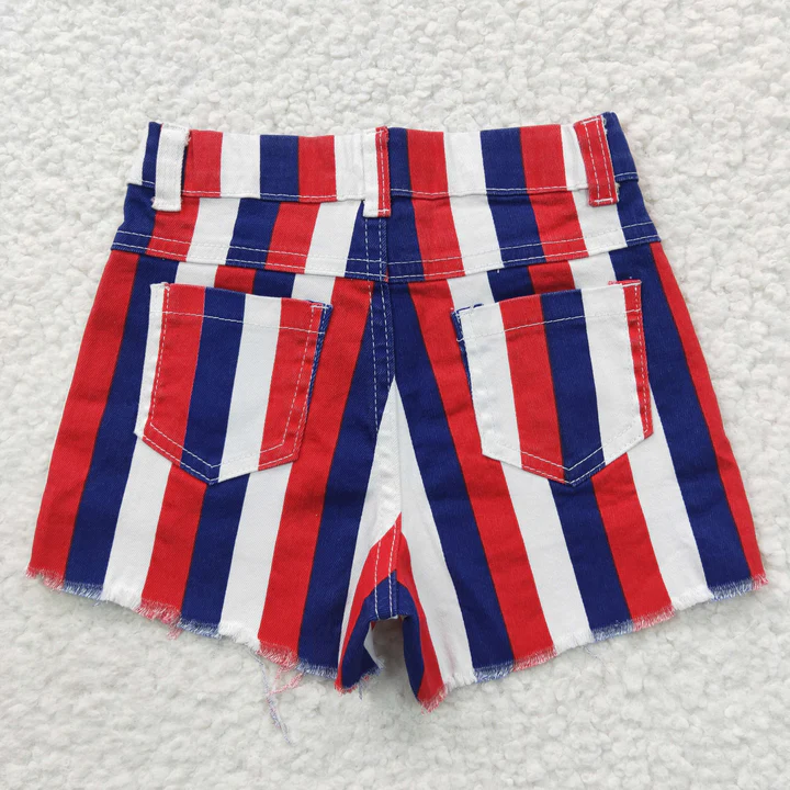 SS0082 USA Warehouse Red White Blue Stripe 4th of July Girl Denim Shorts