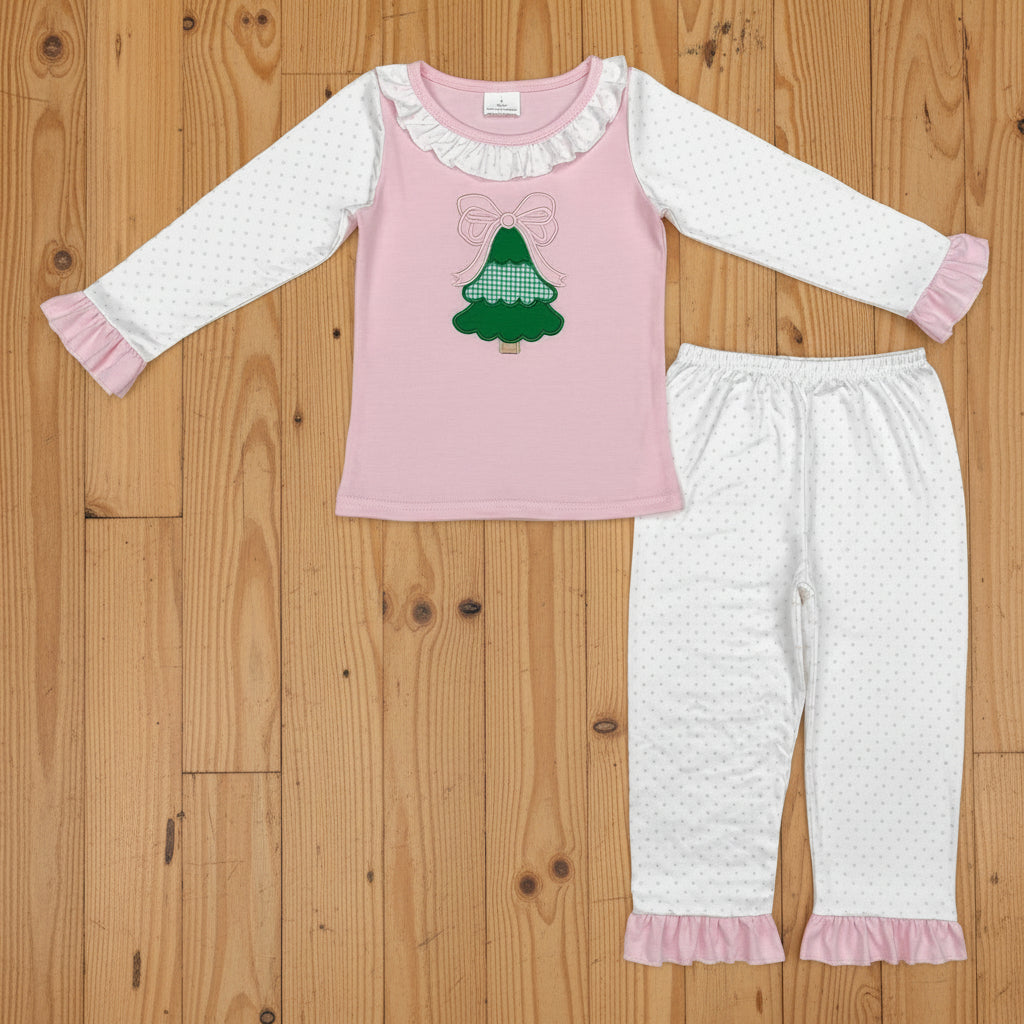 Christmsa tree embroidered girl pajama set pink