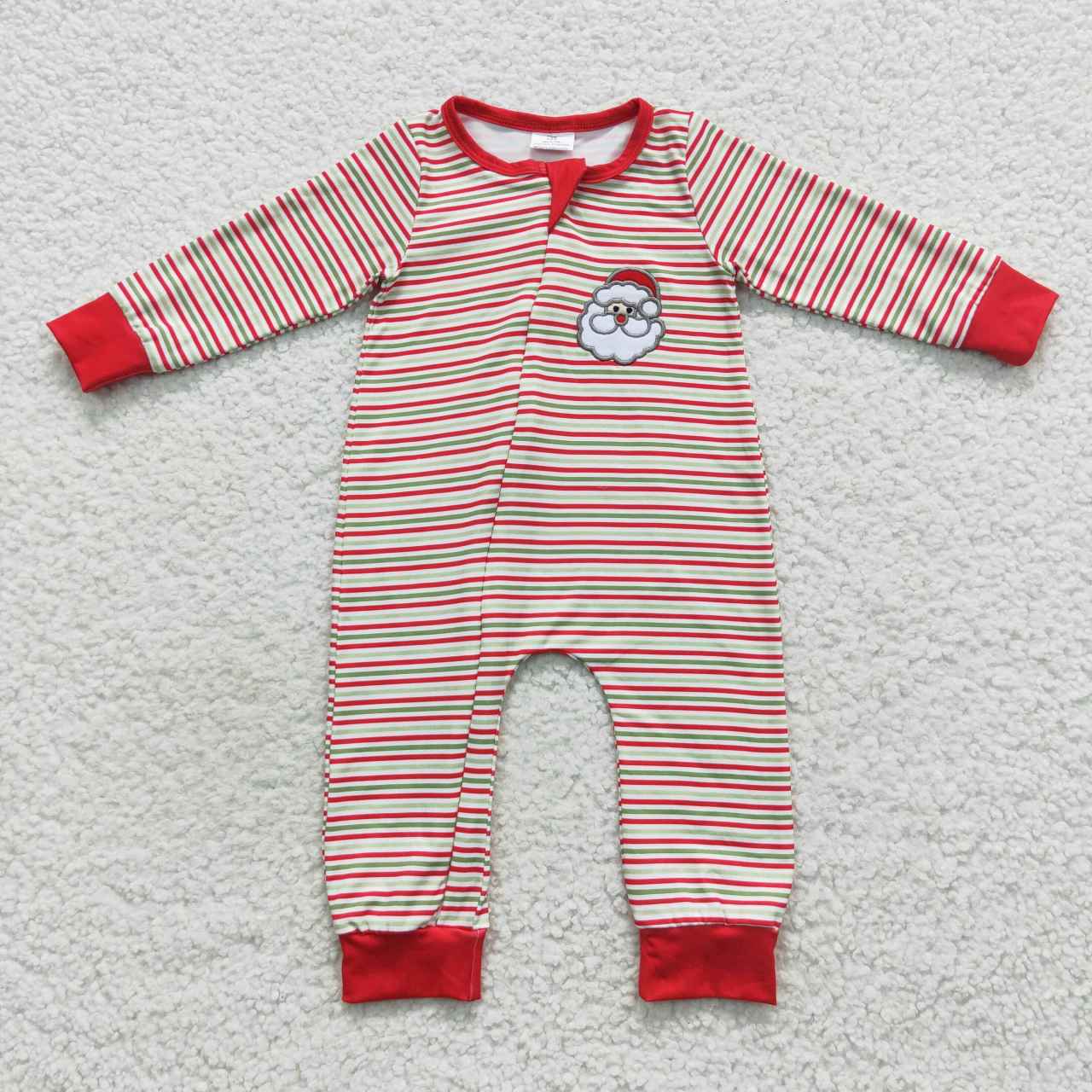 Sibling red green striped baby girl zip sleeper with embroidery santa