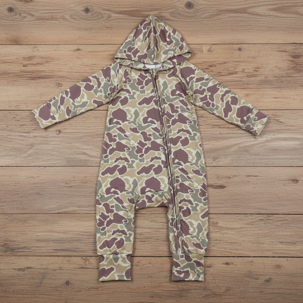 baby camo zip hooded romper