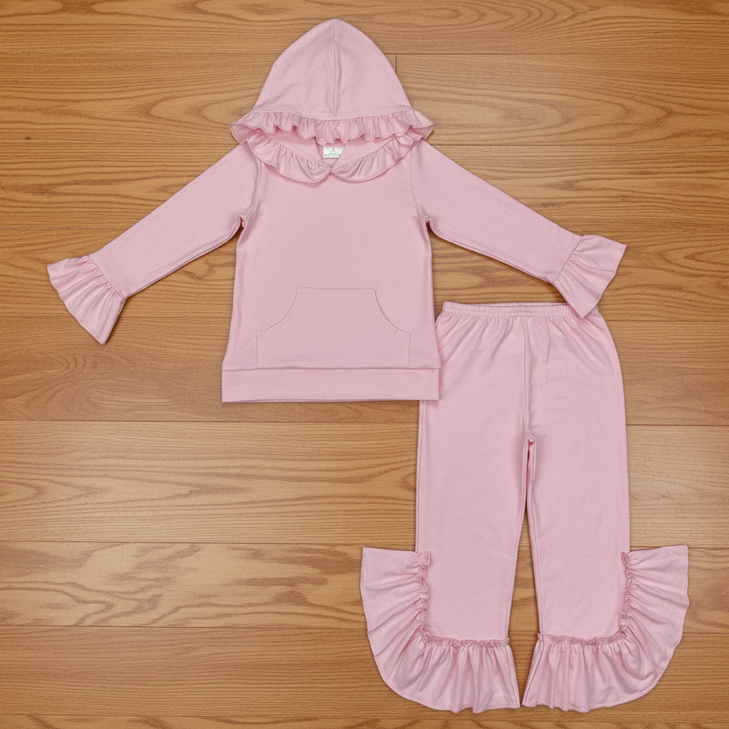 solid pink cotton ruffle hoodie pants outfit girl’s clothing
