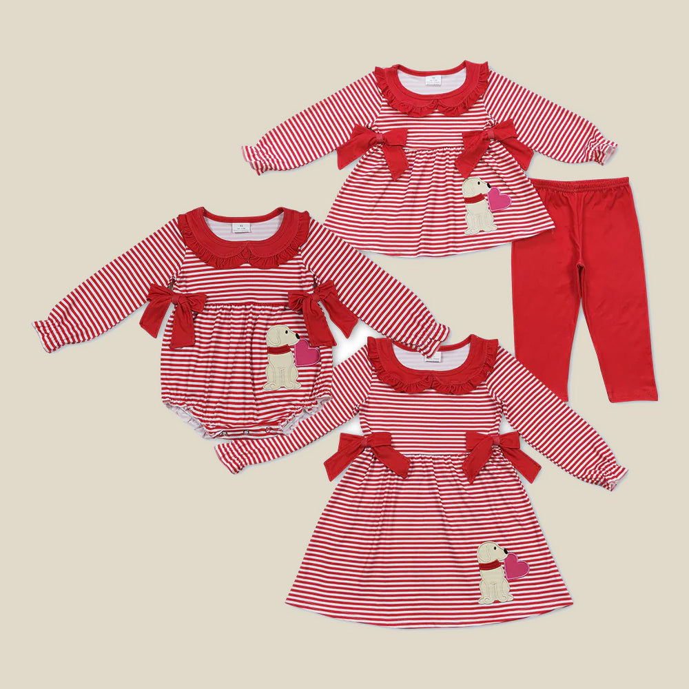 Dog Heart Embroidery Red Stripes Print Sisters Valentine's Day Clothes