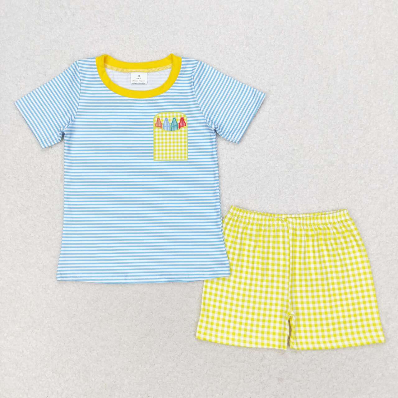 yellow blue back to school pencil print boys outfit