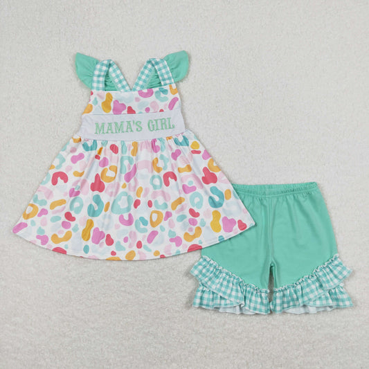 leopard mama's girl embroidery cross back shorts set