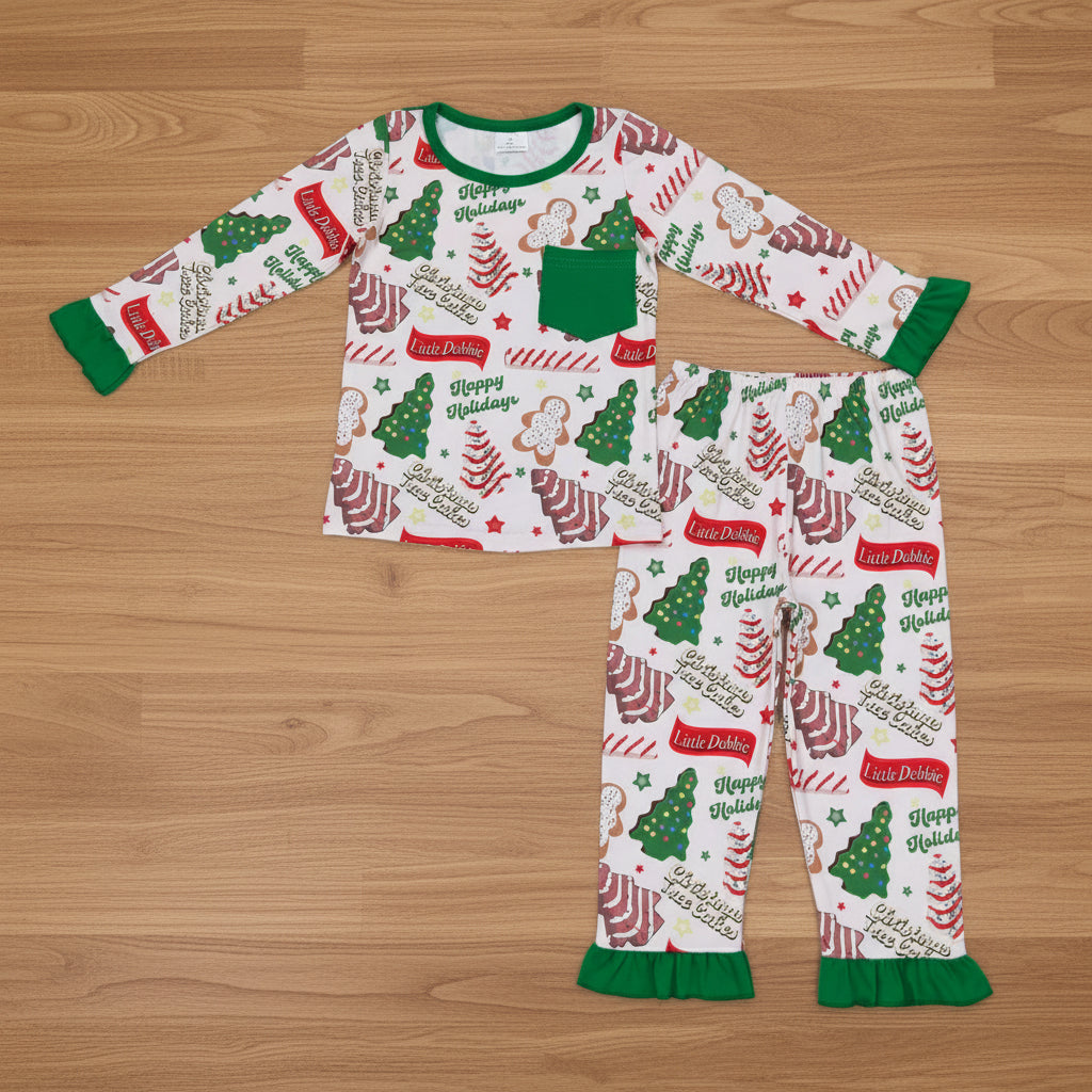 Christmas tree cake girls pajama (a lit pink tint)