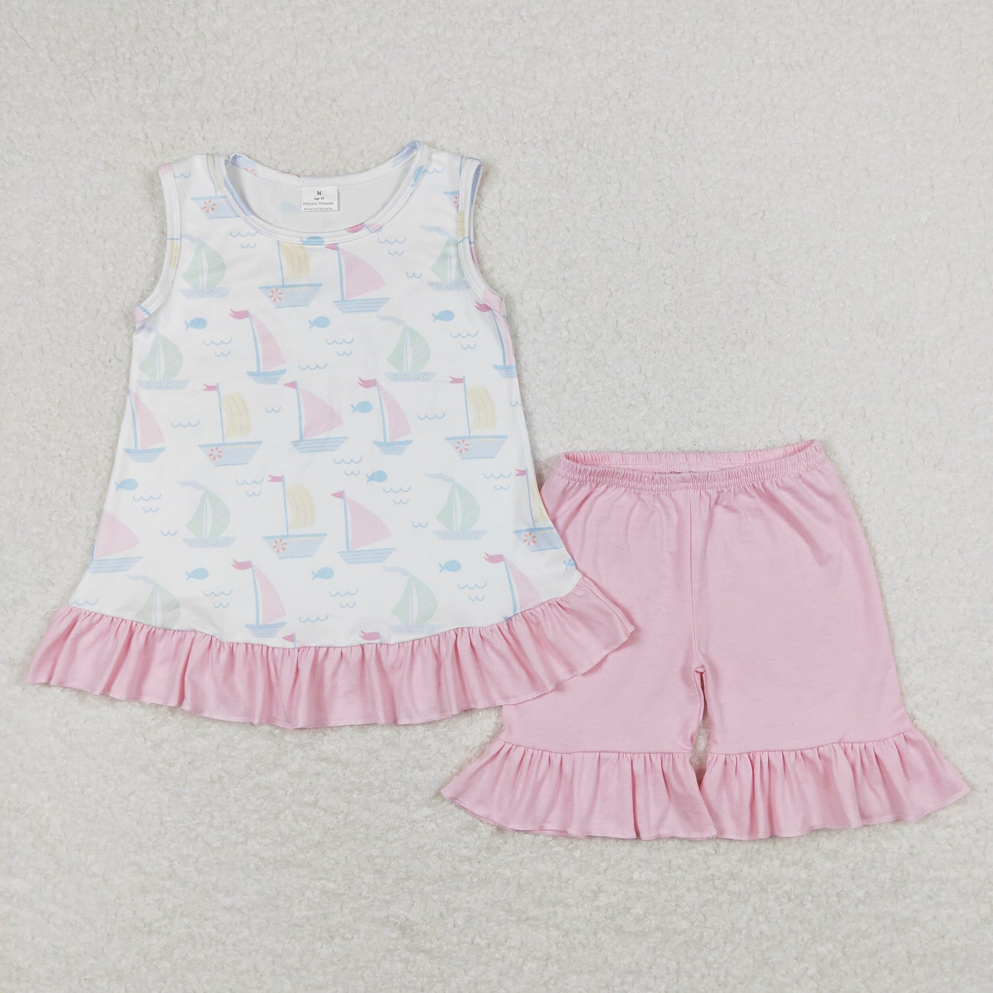 pink tank sailboat shorts set girl summer clothing