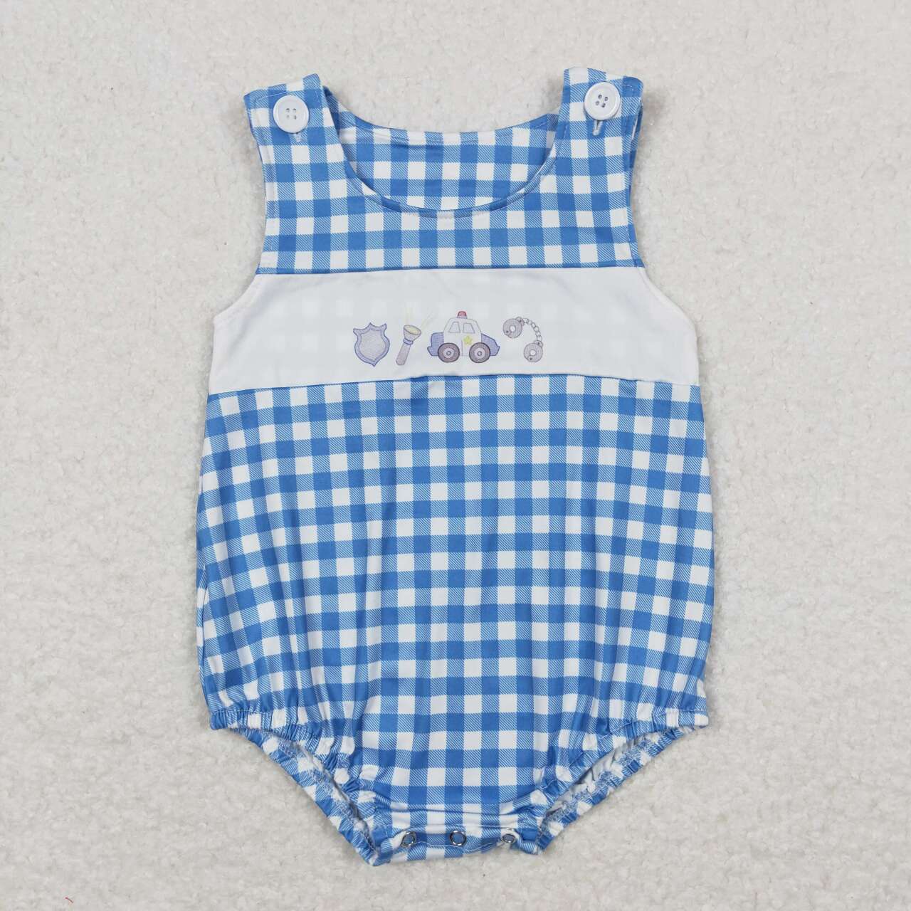 blue plaid police bubble baby boy clothes