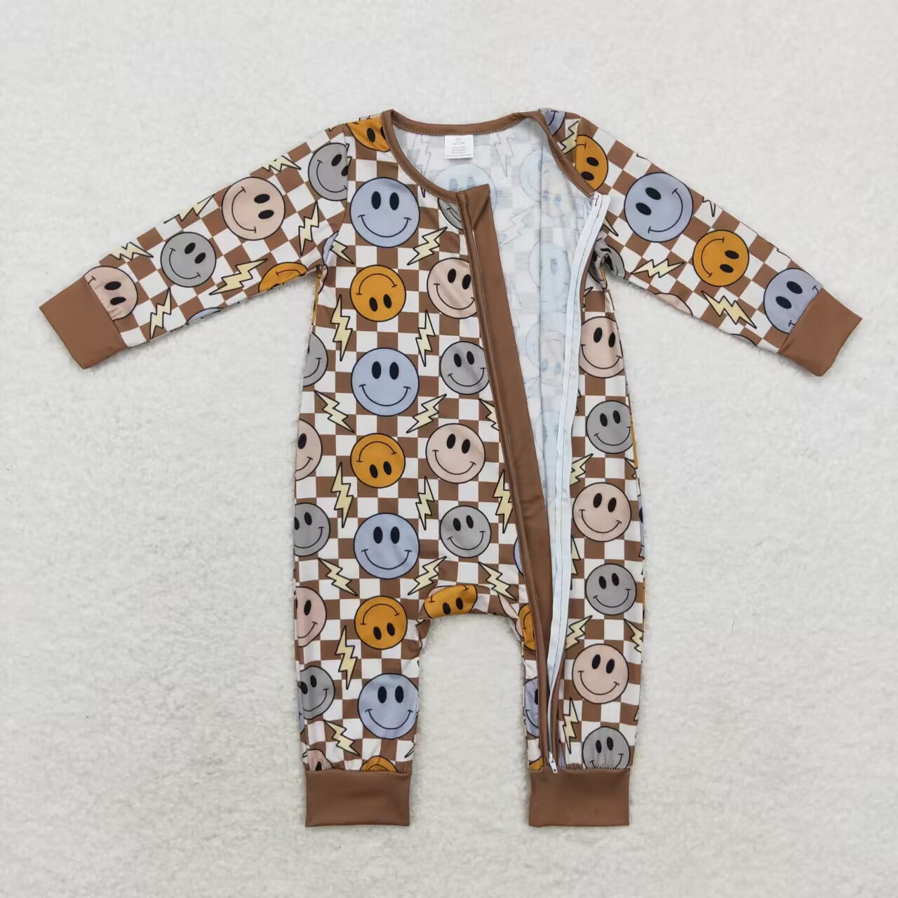 brown checkered smiley bamboo sleeper boy