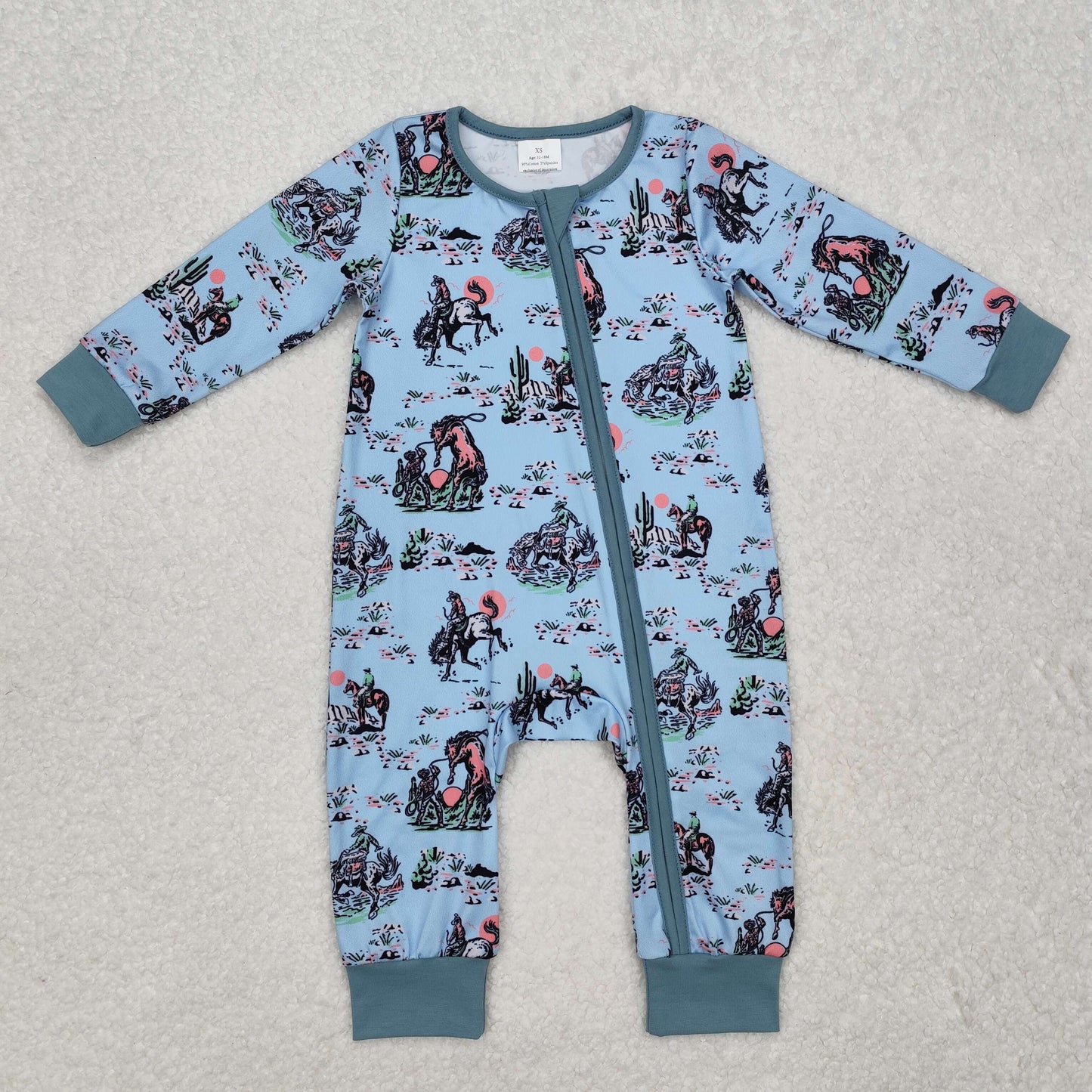 wild west rodeo print long sleeve zip romper