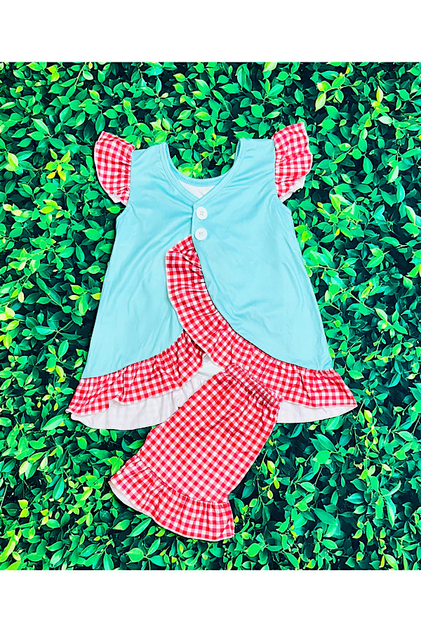 "HELLO SUMMER" aqua & red checkers 2pc ruffle set