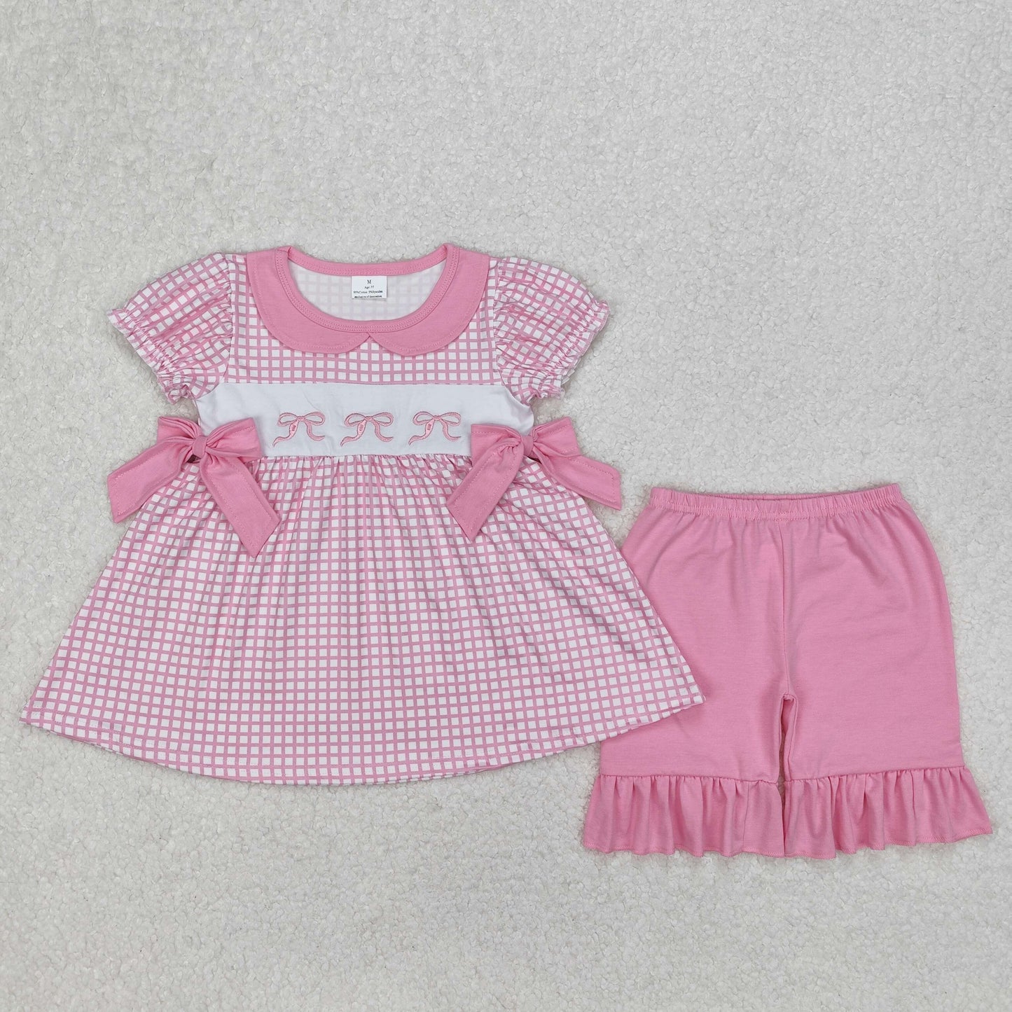 pink bow embroidery ruffle shorts set