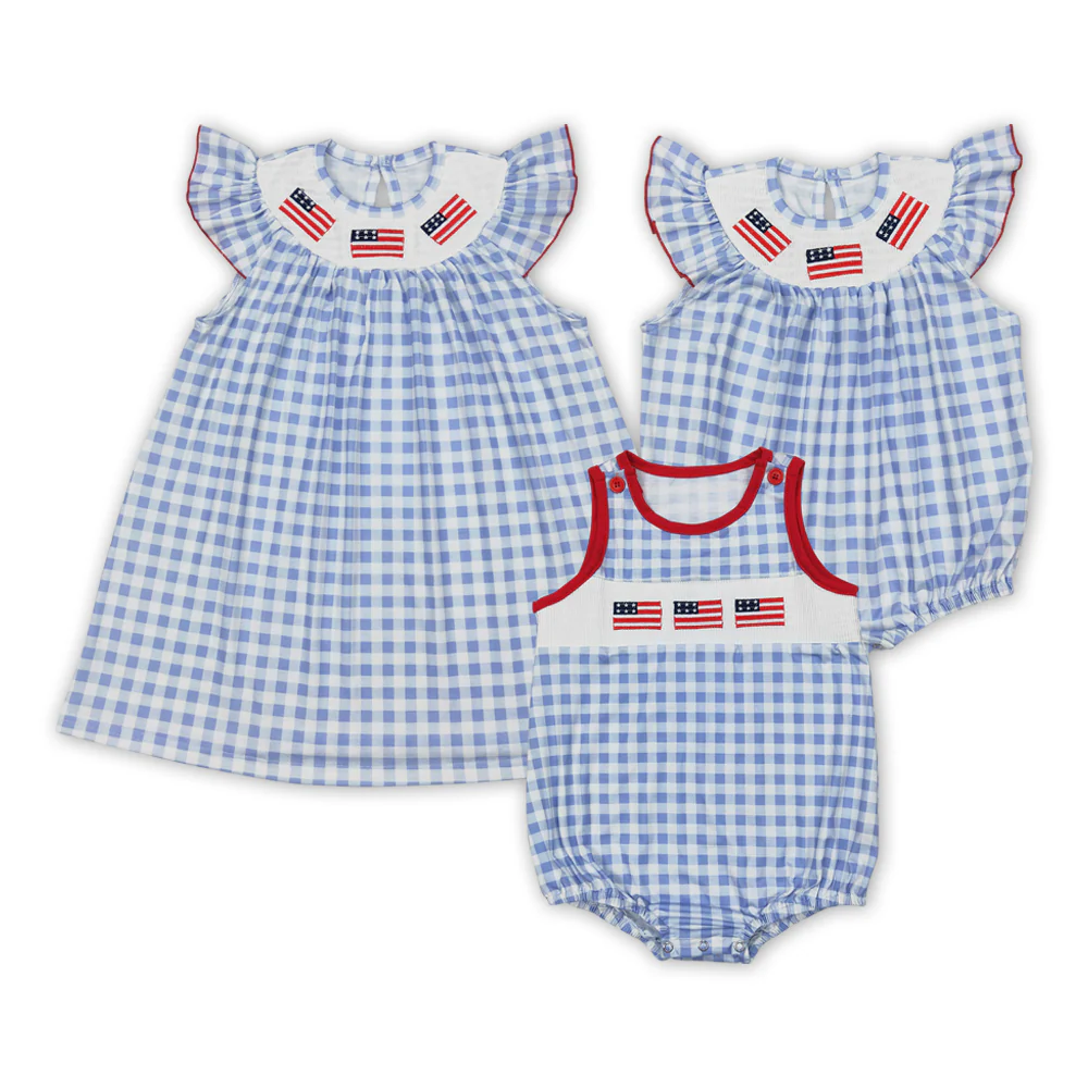 Flag Embroidery Blue Plaid Sibling 4th of July Smocked Matching Clothes
