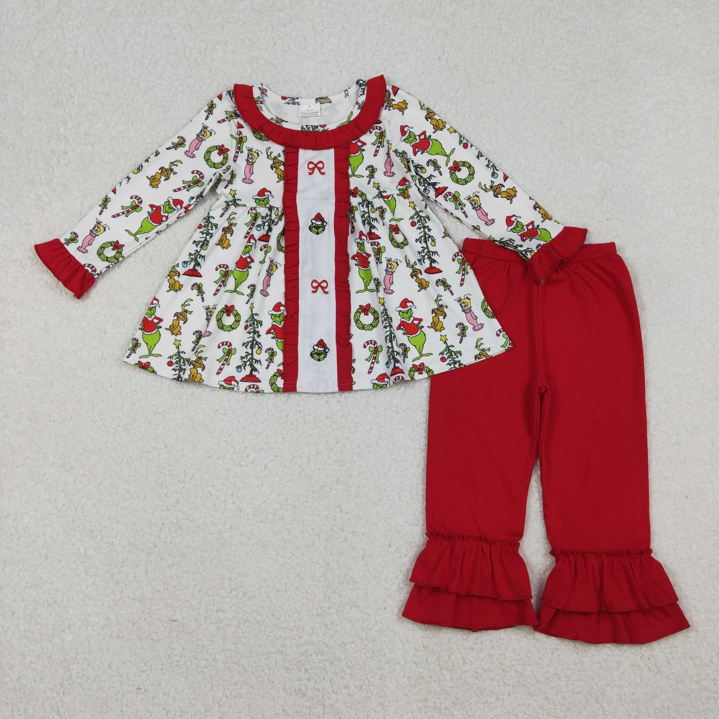 ruffle red bow gri*ch embroidery pants set Christmas toddler girl outfit