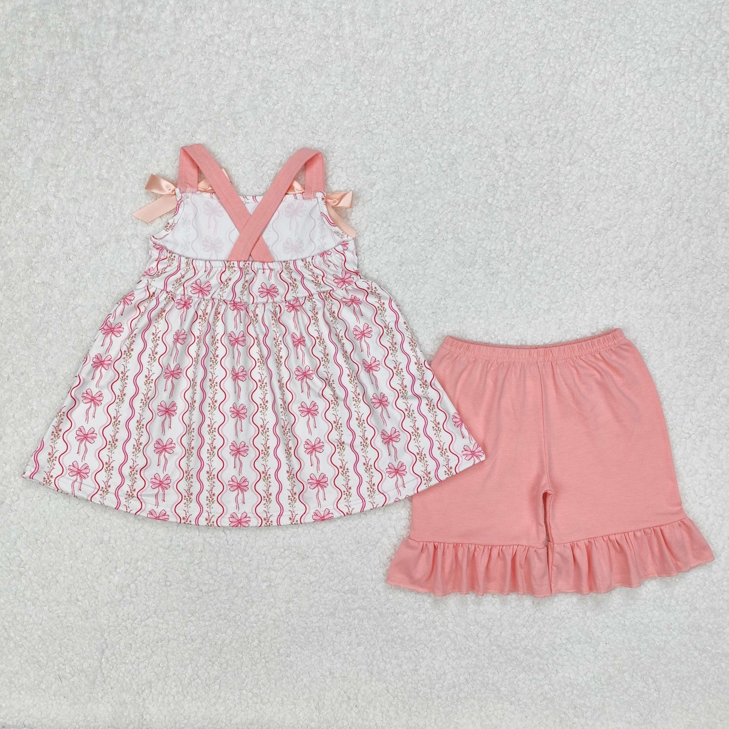 pink floral bow ribbon print strap shorts set