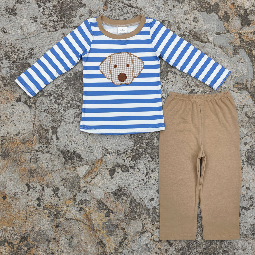 stripes dog embroidery boy pants set