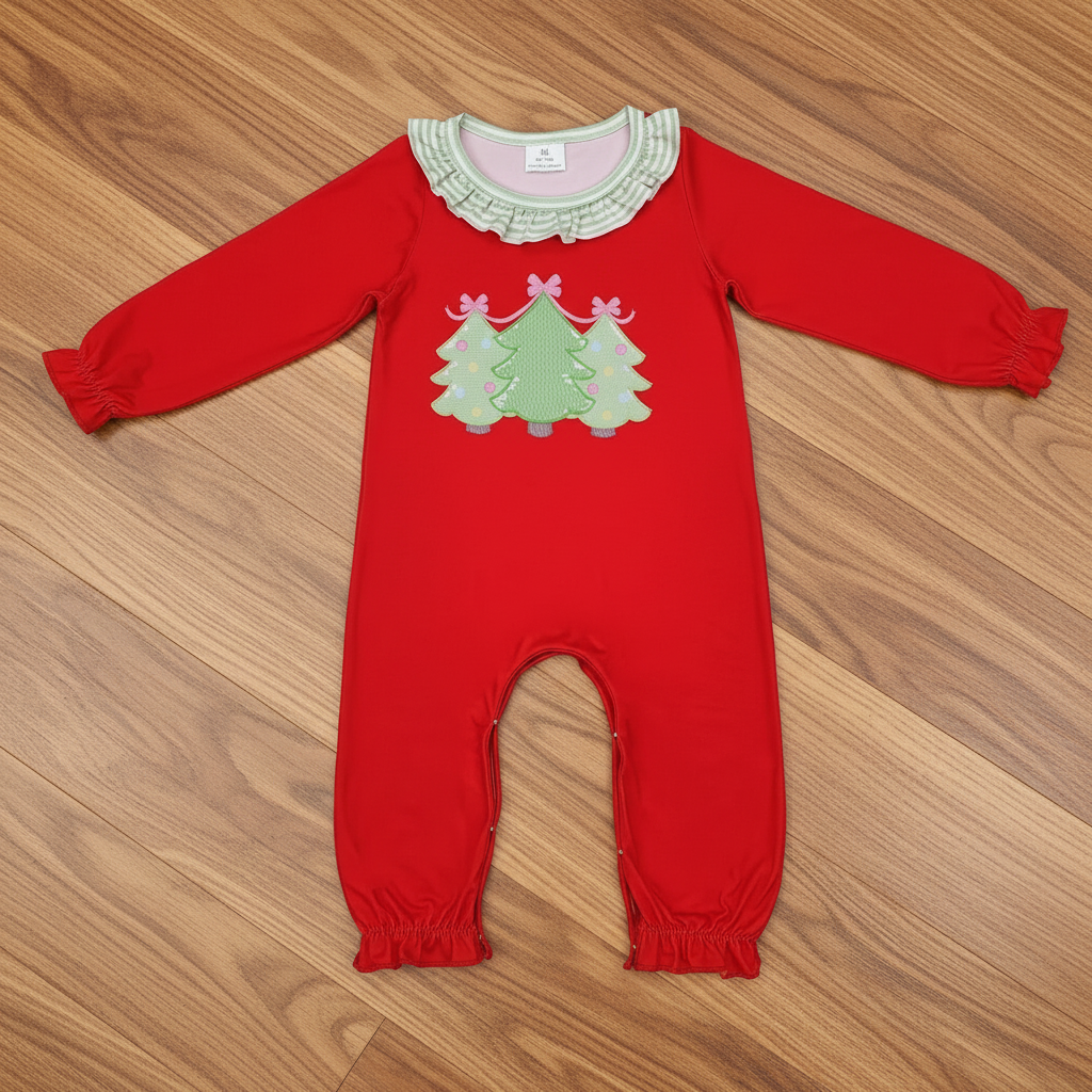 baby girl red Christmas tree print romper
