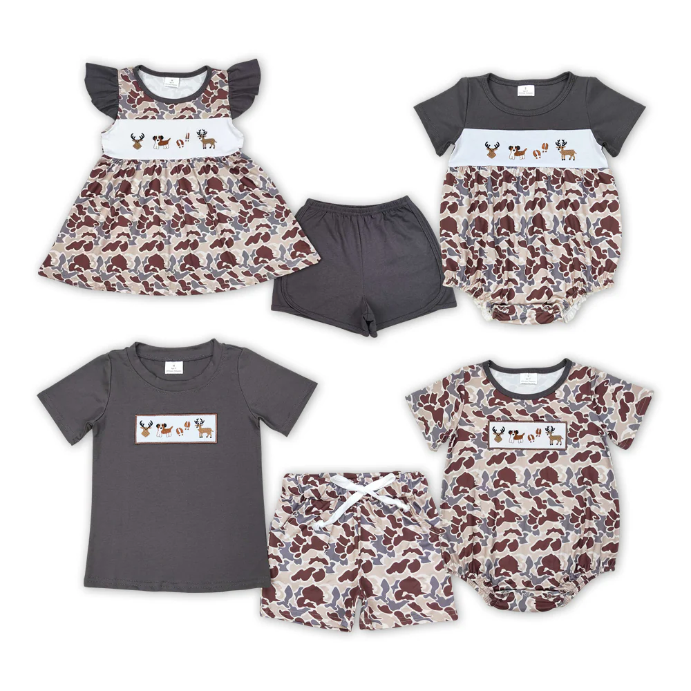 Deer Dog Hunter Embroidery Camo Print Sibling Summer Matching Clothes