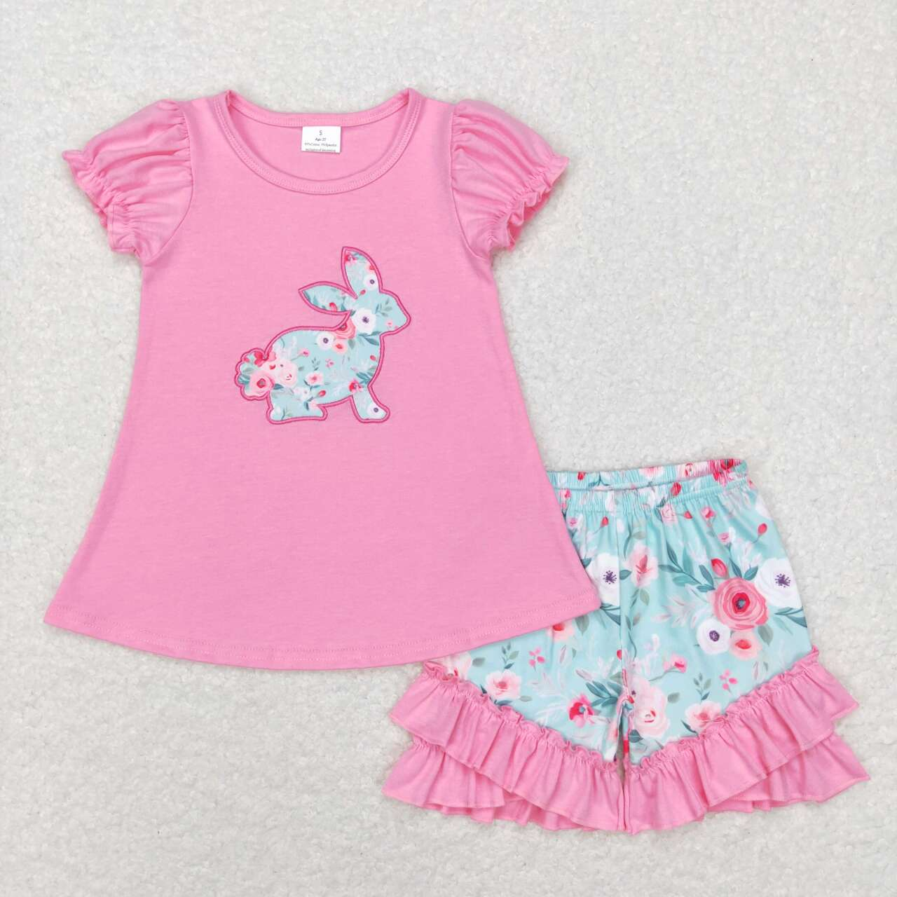 Bunny Embroidery Pink Flowers Print Sisters Easter Matching Clothes