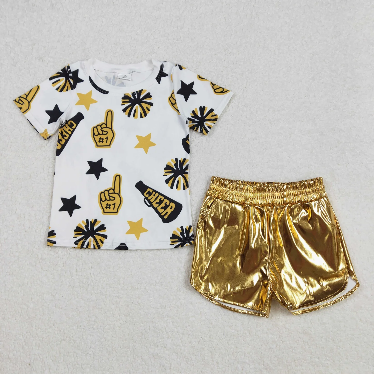 GSSO1936 Cheer Top Yellow Pocket Pleather Elastic Shorts Girls Summer Clothes Set