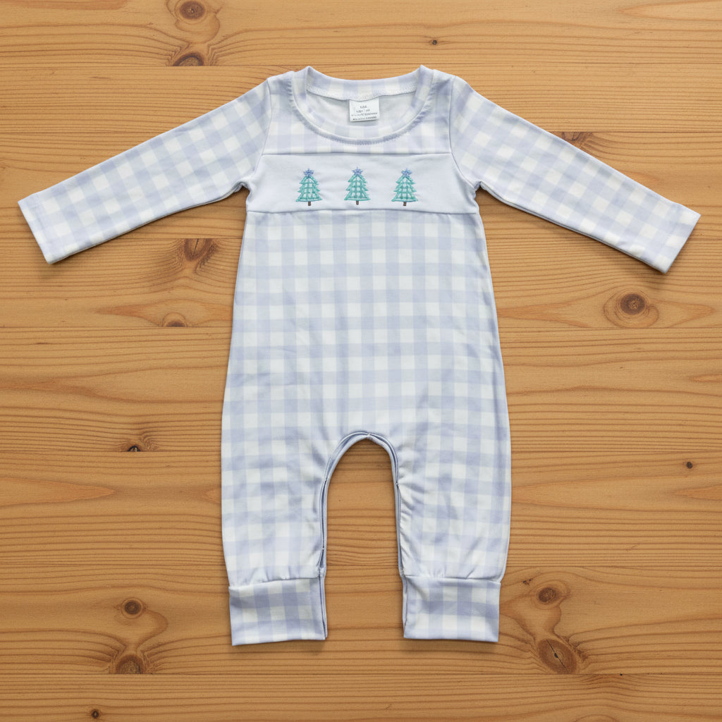 Blue plaid embroidered baby boy christmas romper
