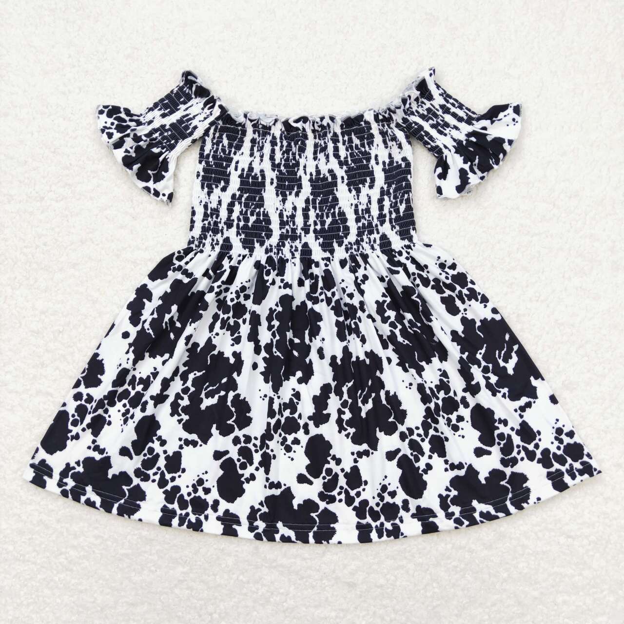 cow print off-shoulder smocked dress kids dresses