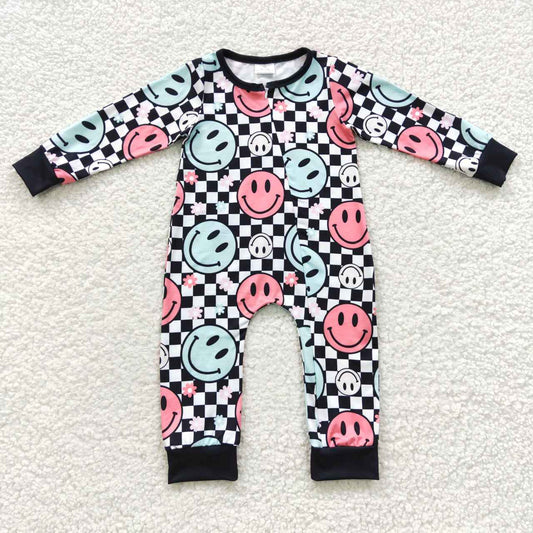 checkered smile face toddler zipper romper
