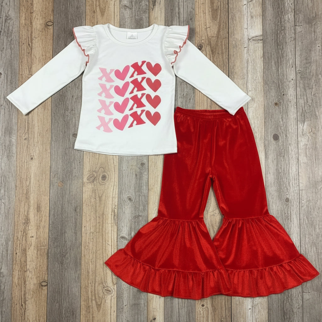 little girl valentine xoxo red ruffle velvet set