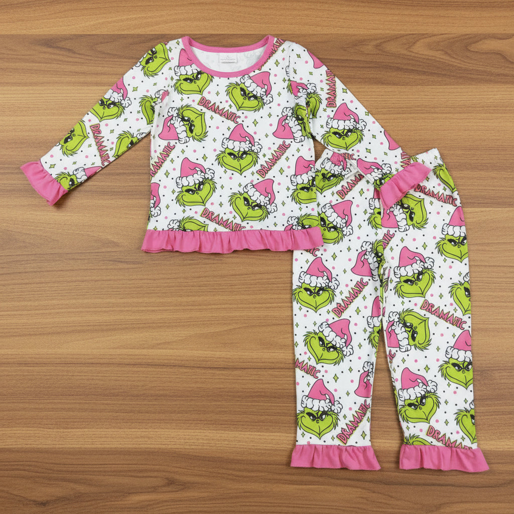 Christmas dramatic gri*ch ruffle pajama lounge set