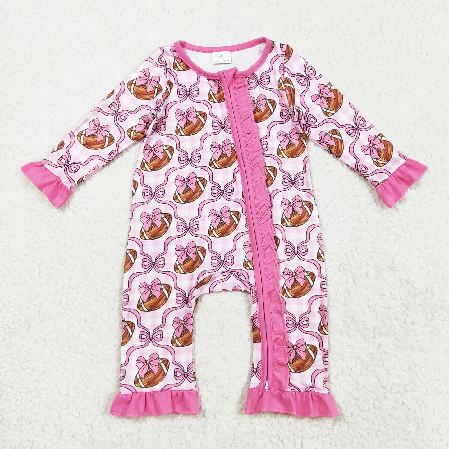 pink bow football print ruffle zip sleeper baby clothes
