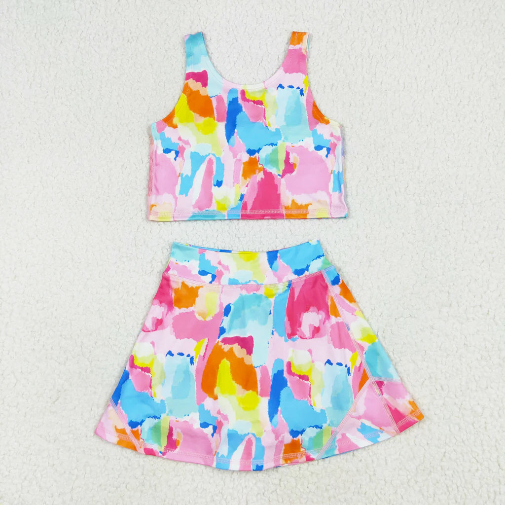 colorful tie dye two pieces athletic skort dress set