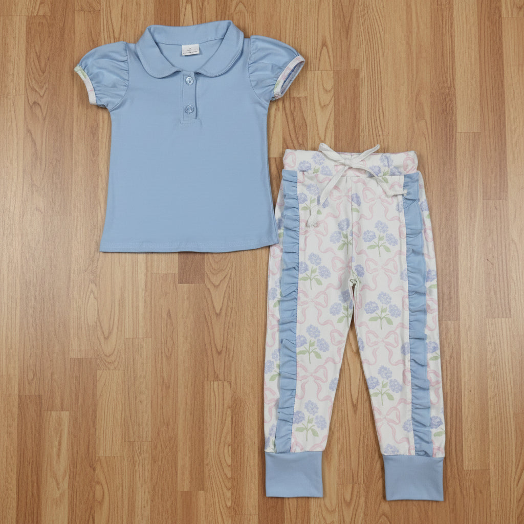 short sleeve blue polo top floral ruffle pants set