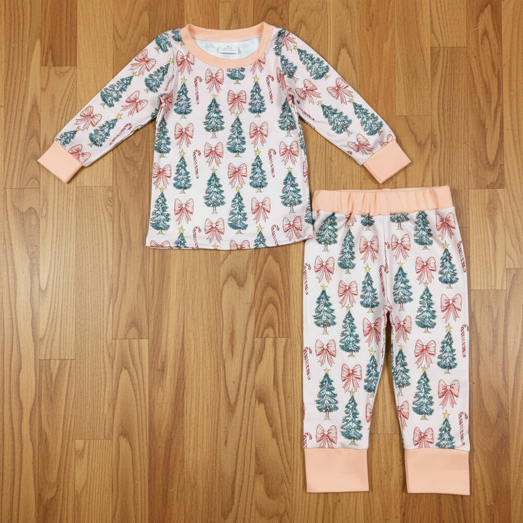 bow tree candy cane girl Christmas pajama lounge set