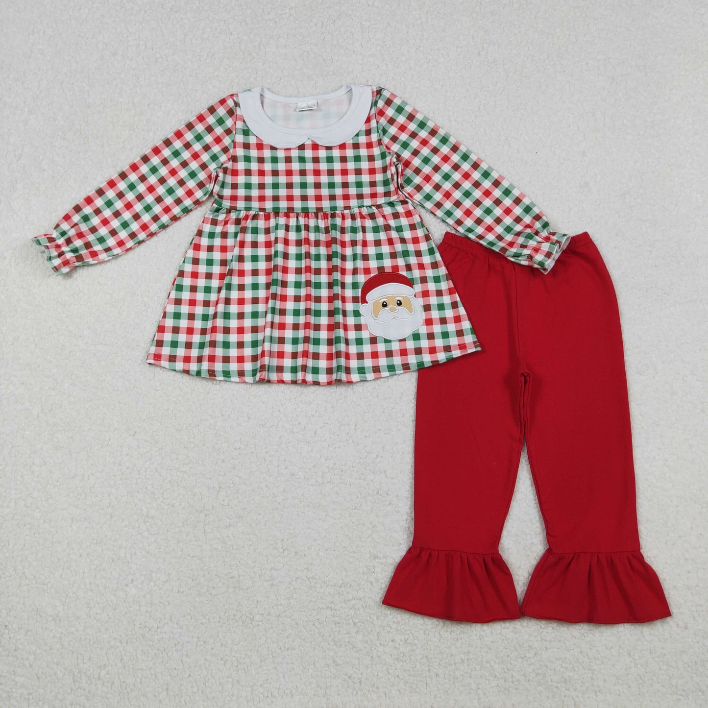 red green plaid santa embroidery pants set Christmas toddler girl outfit