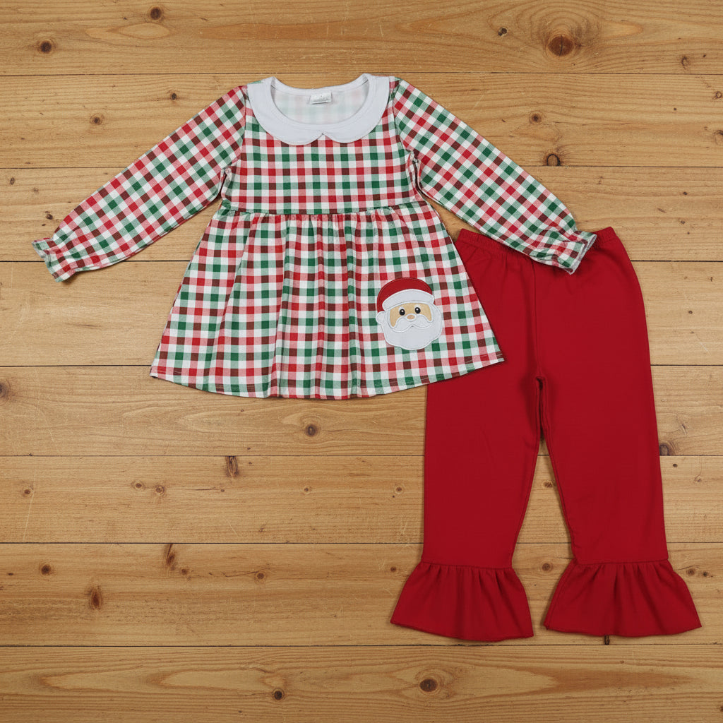 red green plaid santa embroidery pants set Christmas toddler girl outfit