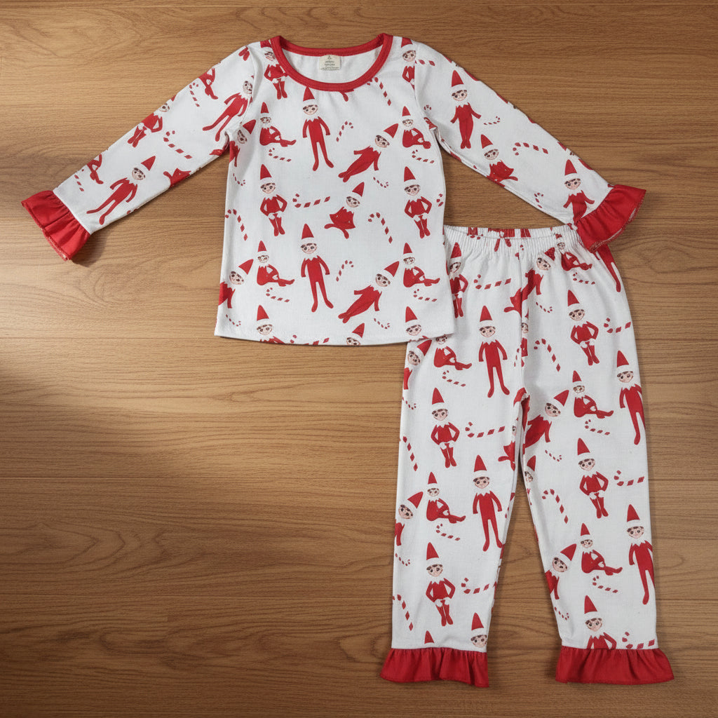 baby girl red ruffle elf Christmas bamboo pajama set