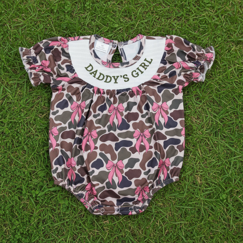 pink bow camo daddy's girl embroidery smocked girl bubble