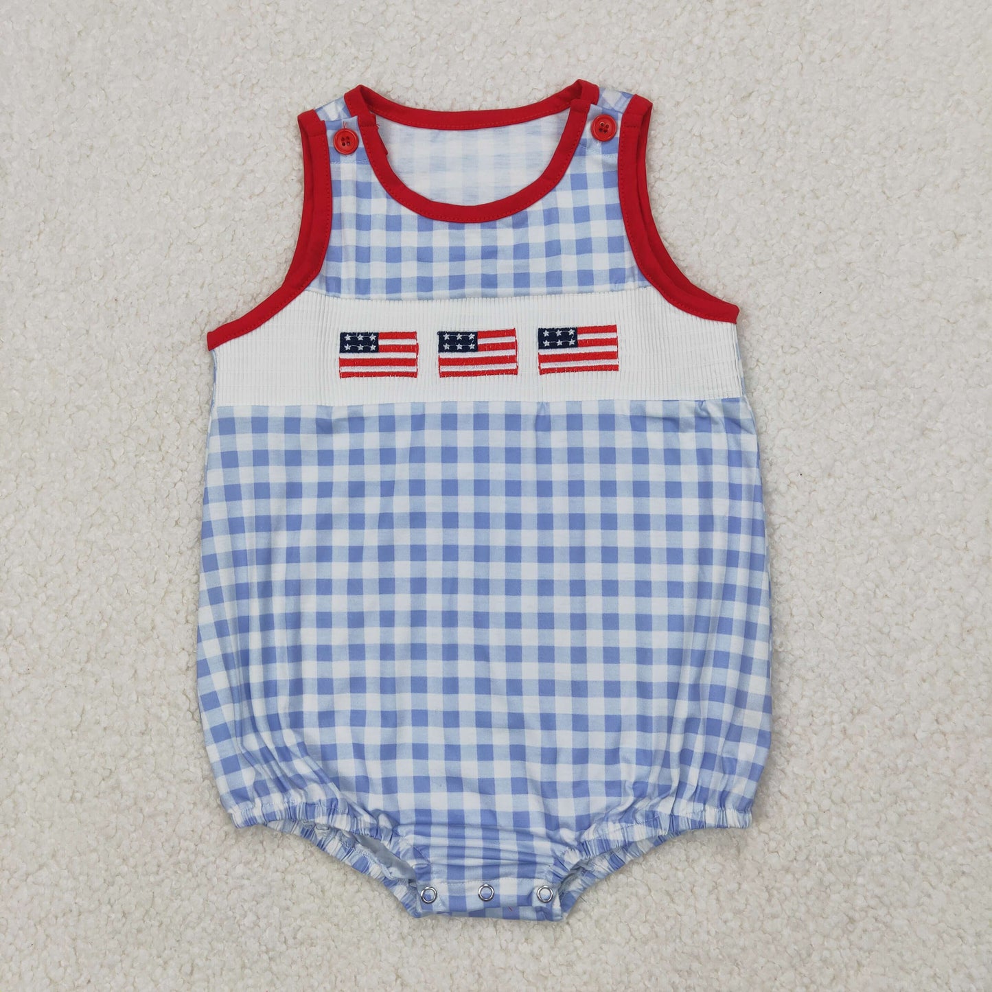 4th of july blue plaid flag smocked romper boy