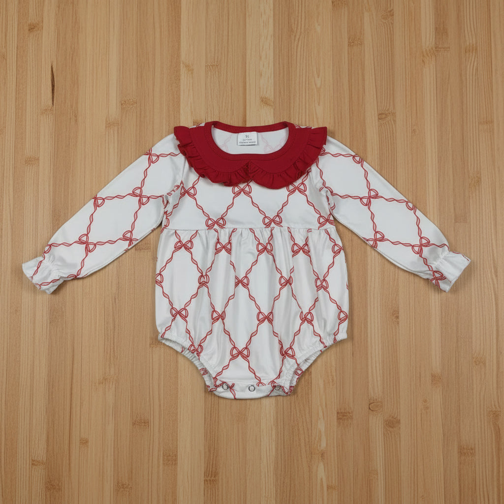 long sleeve red bow ribbon girl romper