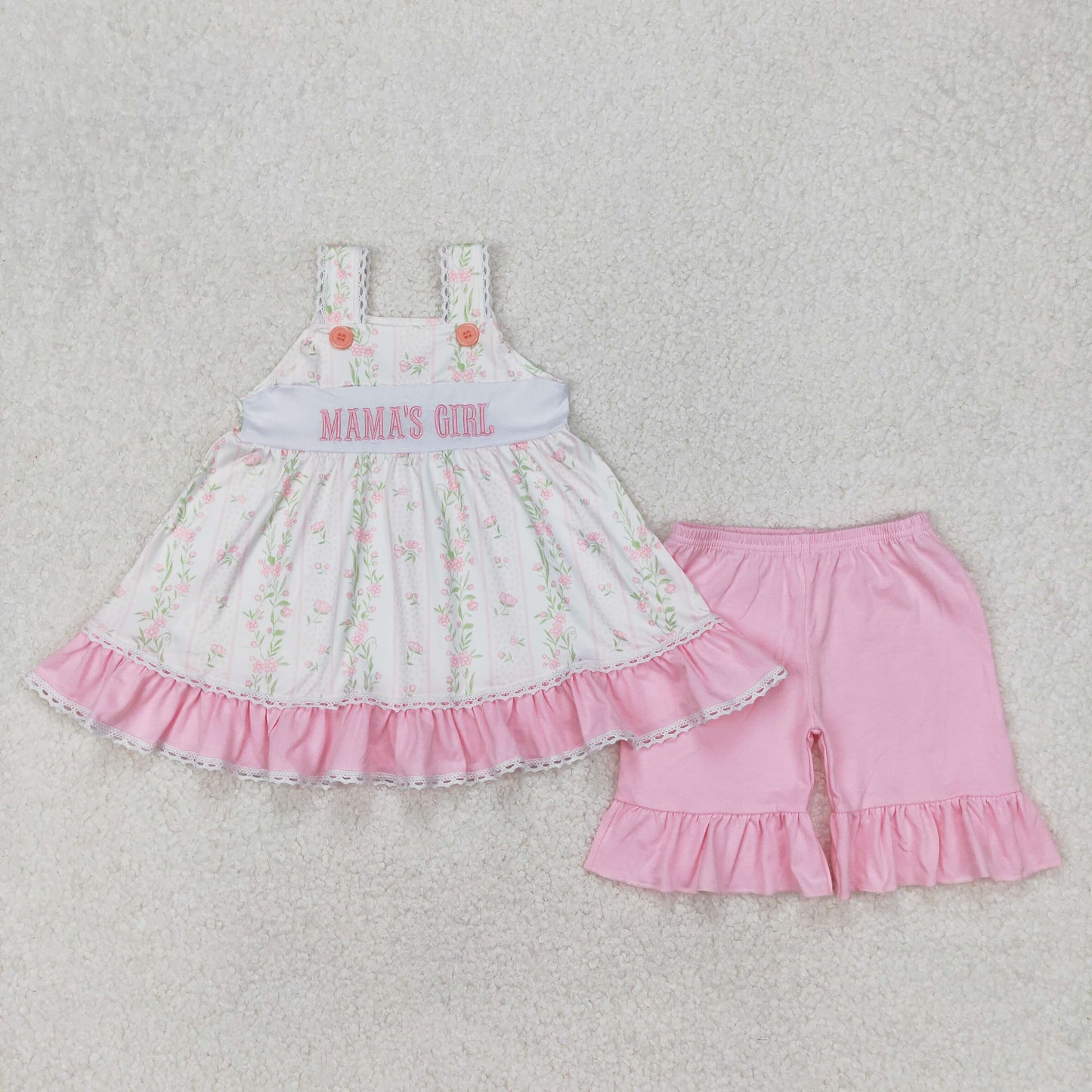 mama's girl embroidery pink ruffle shorts set