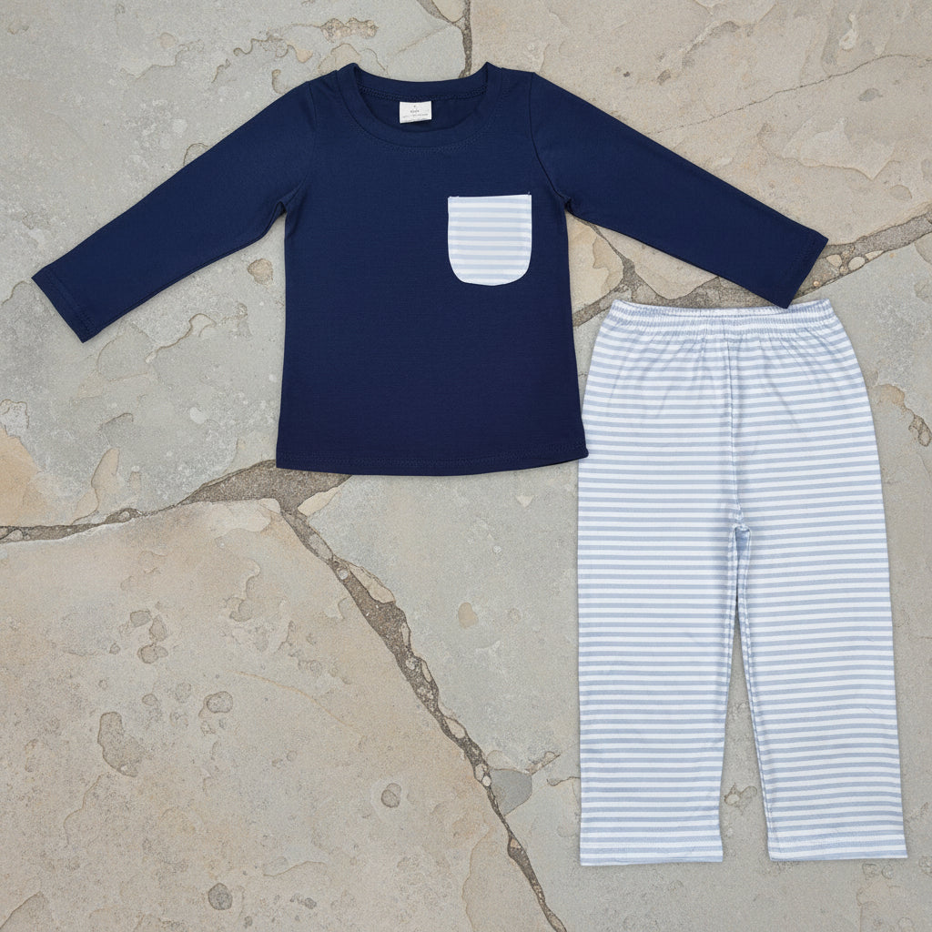 navy pocket shirt striped pants set boys clothes
