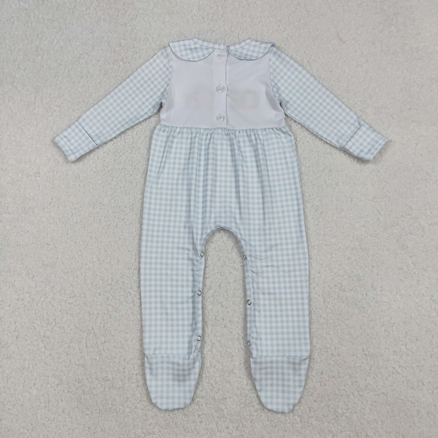 blue ginghan pumpkin embroidery footie romper fall infant girl clothes