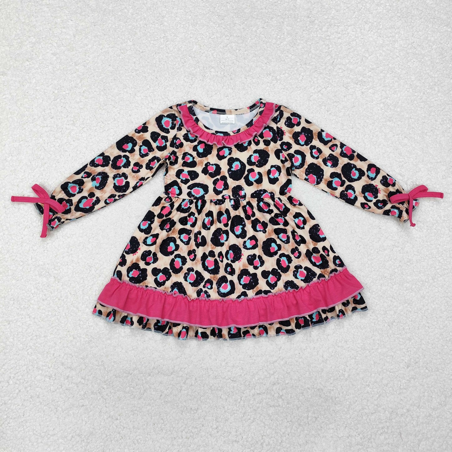 long sleeve pink leopard ruffle dress