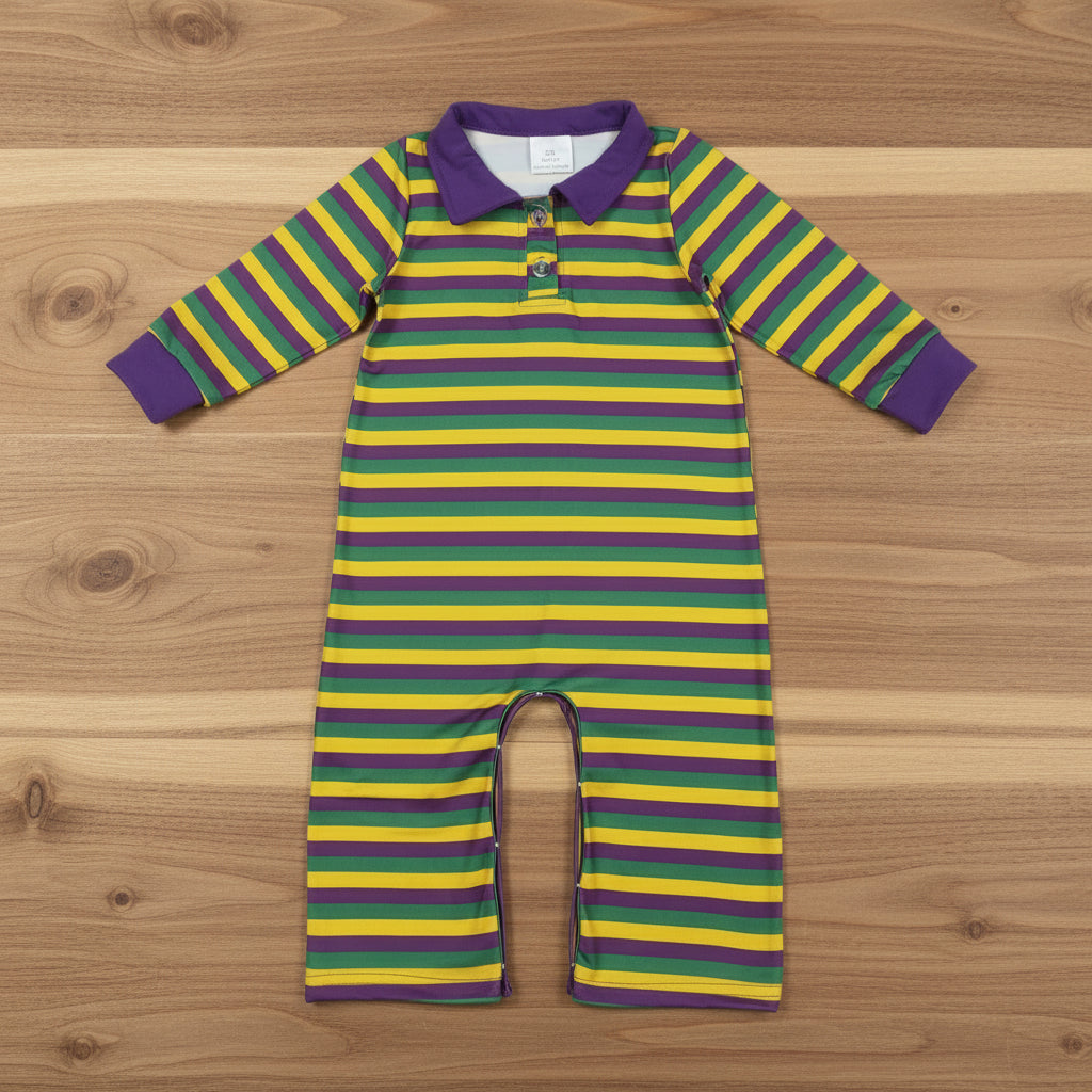 long sleeve purple green gold stripes polo romper