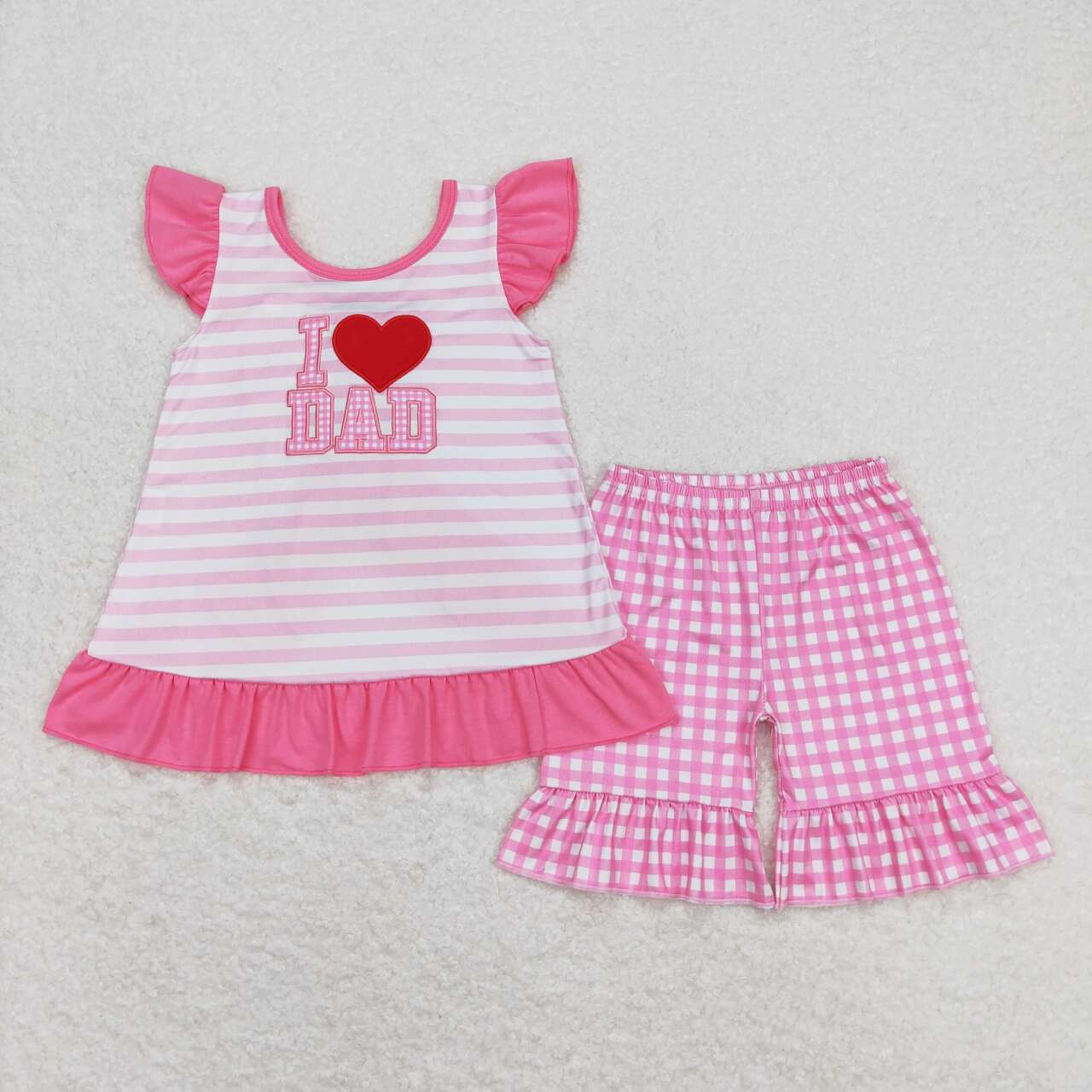pink i love dad embroidery shorts set