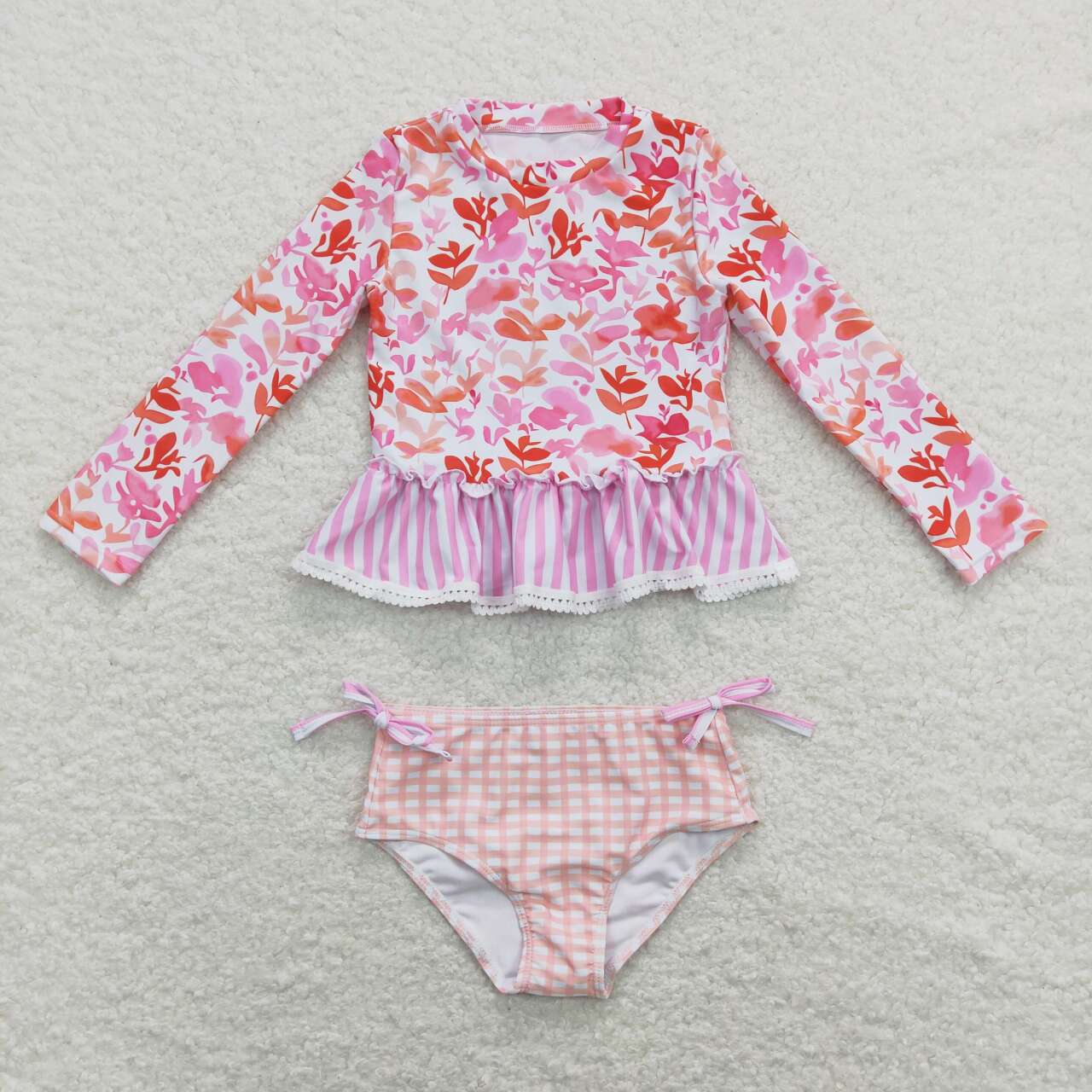 2pcs floral print swimsuit girl long sleeved swim wear