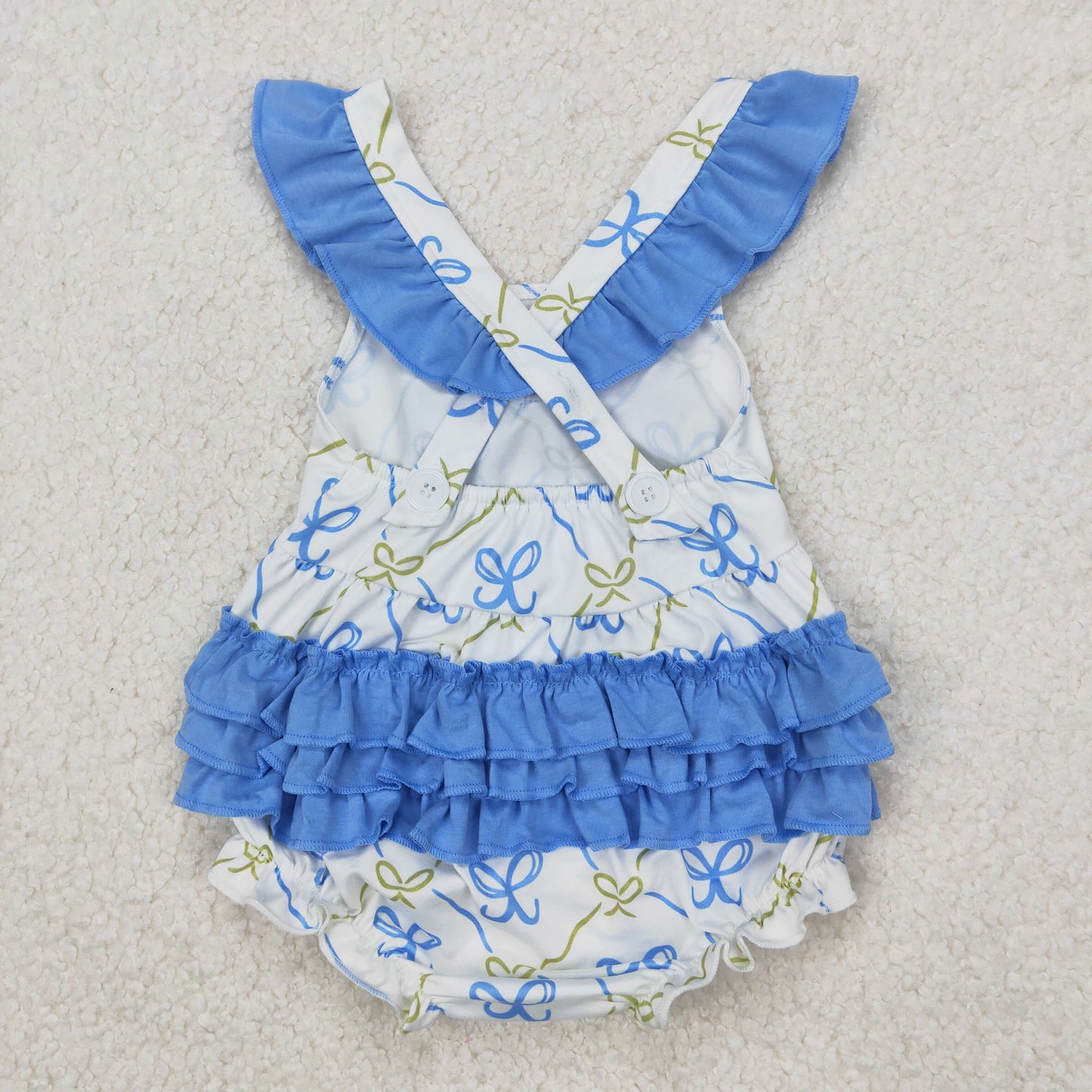 blue bow cross back ruffle bubble