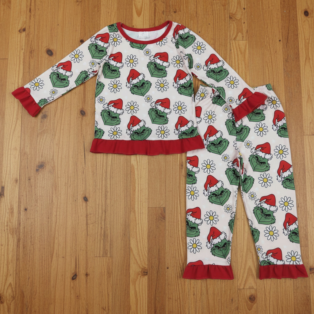 Christmas floral gri*ch ruffle pajama lounge set
