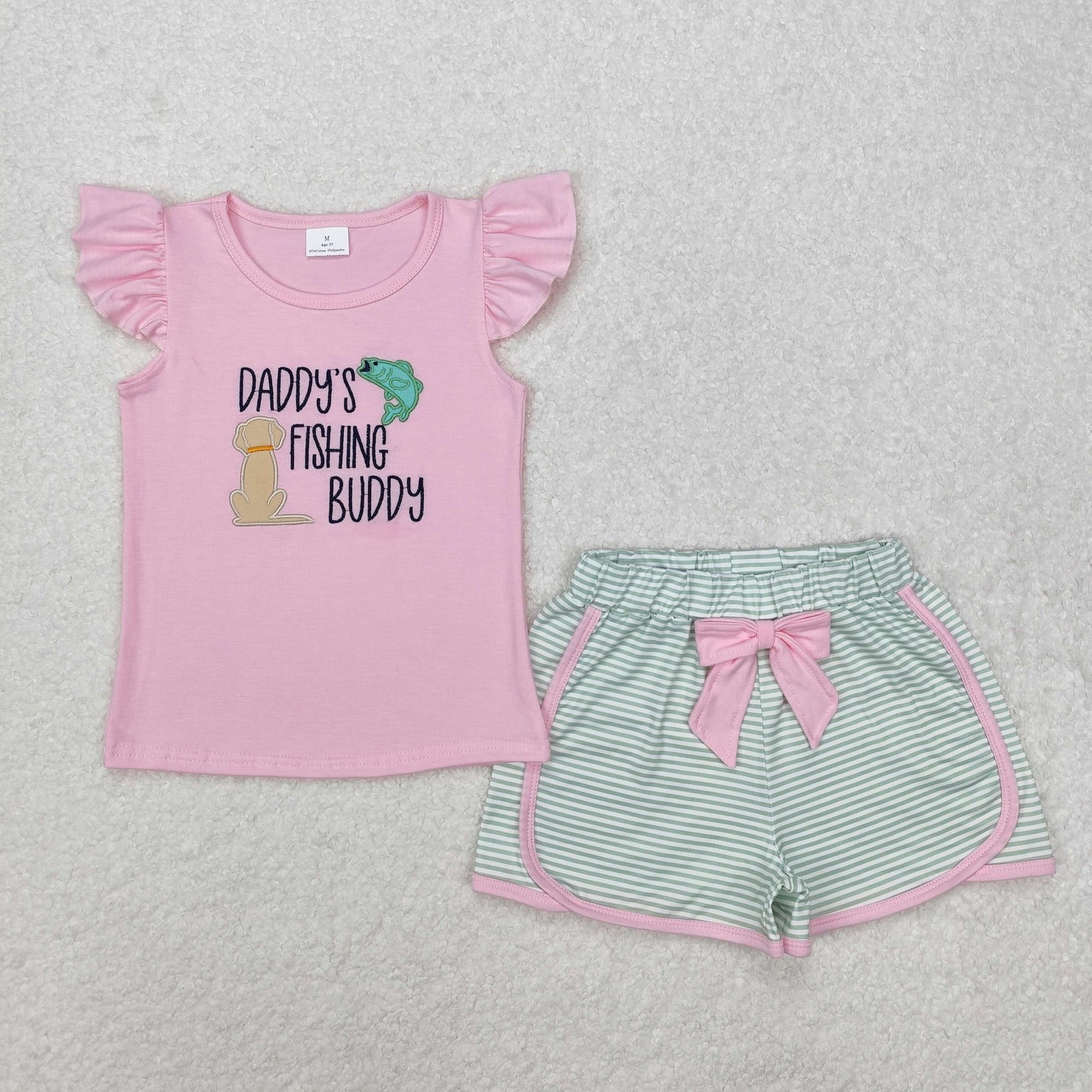 baby girl clothes daddy's fishing buddy embroidery shorts set